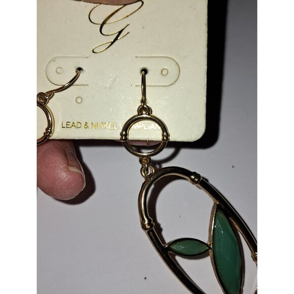 Artsy G Open Wire Dangle/Drop Earrings Green Cabochon Nature Gold Tone - Picture 3 of 8